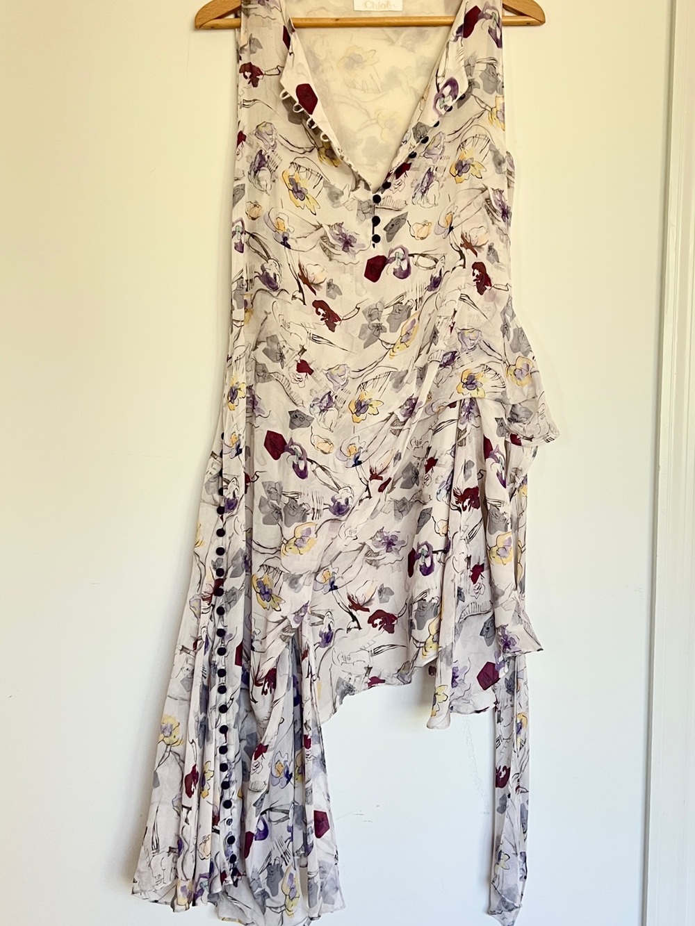 Chloé Silk Floral Asymmetrical Ruffle Midi Dress Ivory Boho France sz40 US 4 - 6